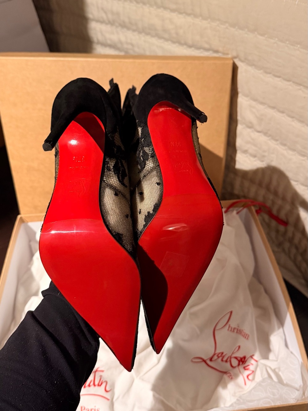 Christian Louboutin Black Lace Pointed Lace-Up Ankle Boots with Red Sole - Picture 4 of 10